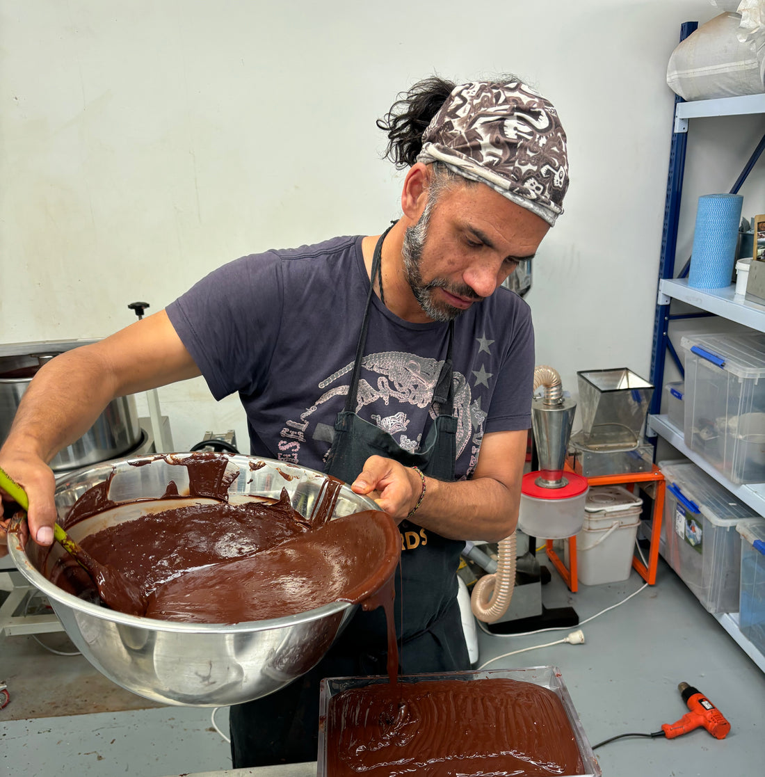 Man working with chocolate in a factory setting
