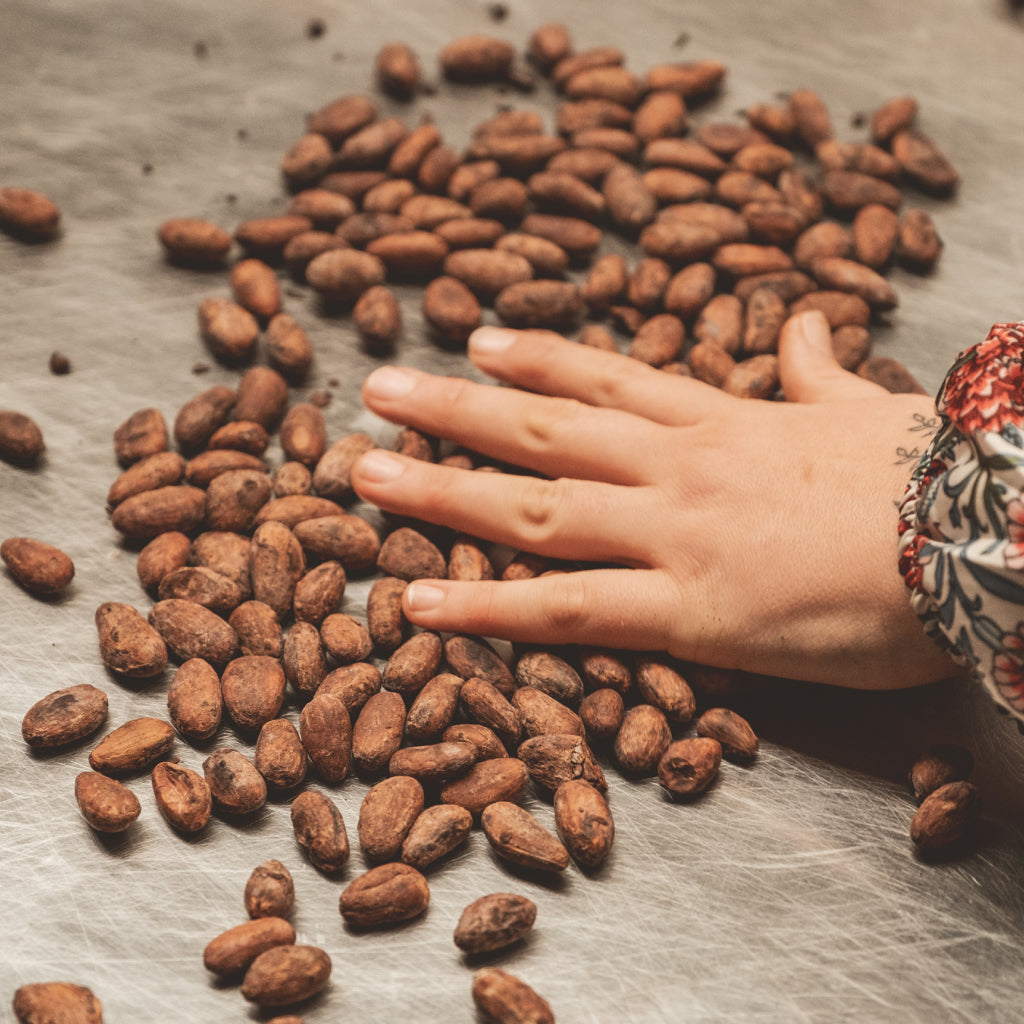 Hand interacting with cacao on a textured surface