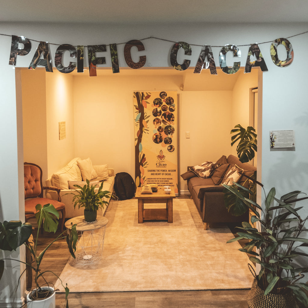 Room with 'Pacific Cacao' decor and a large poster on the wall.